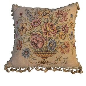 Pottery Barn Floral Tapestry Throw Pillow Bullion Fringe Feather Down 17" Square